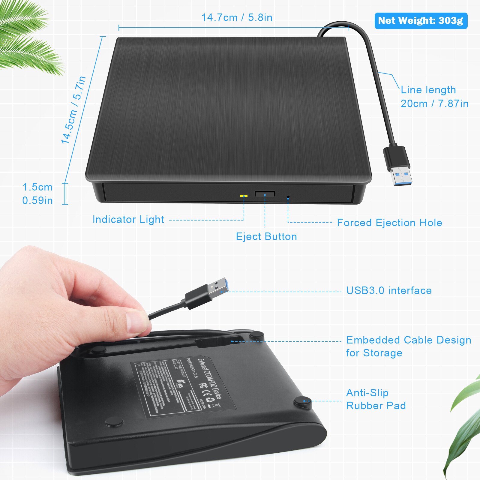 External CD DVD Drive Type-C USB 3.0 Player Disc Burner Reader for Laptop MAC OS