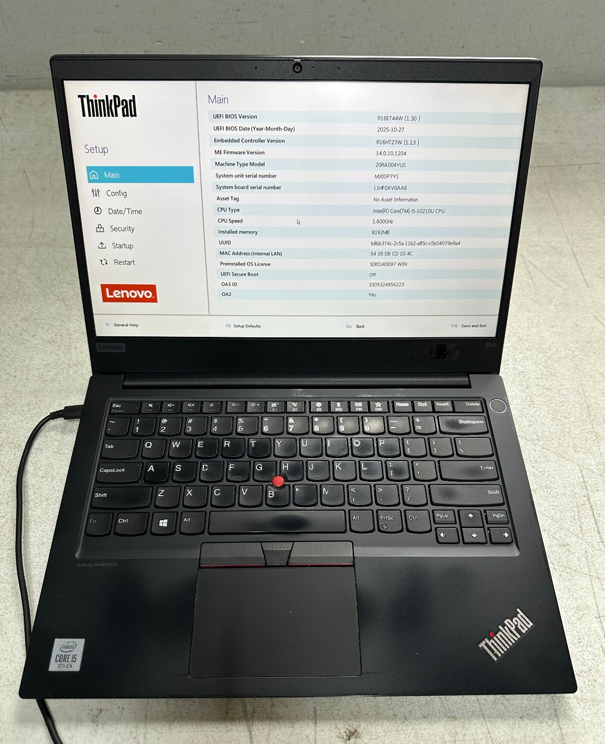 Lenovo ThinkPad E14 (i5-10210U @ 1.60, 8GB RAM, Boot to Bio) NO HD/ADAPTER