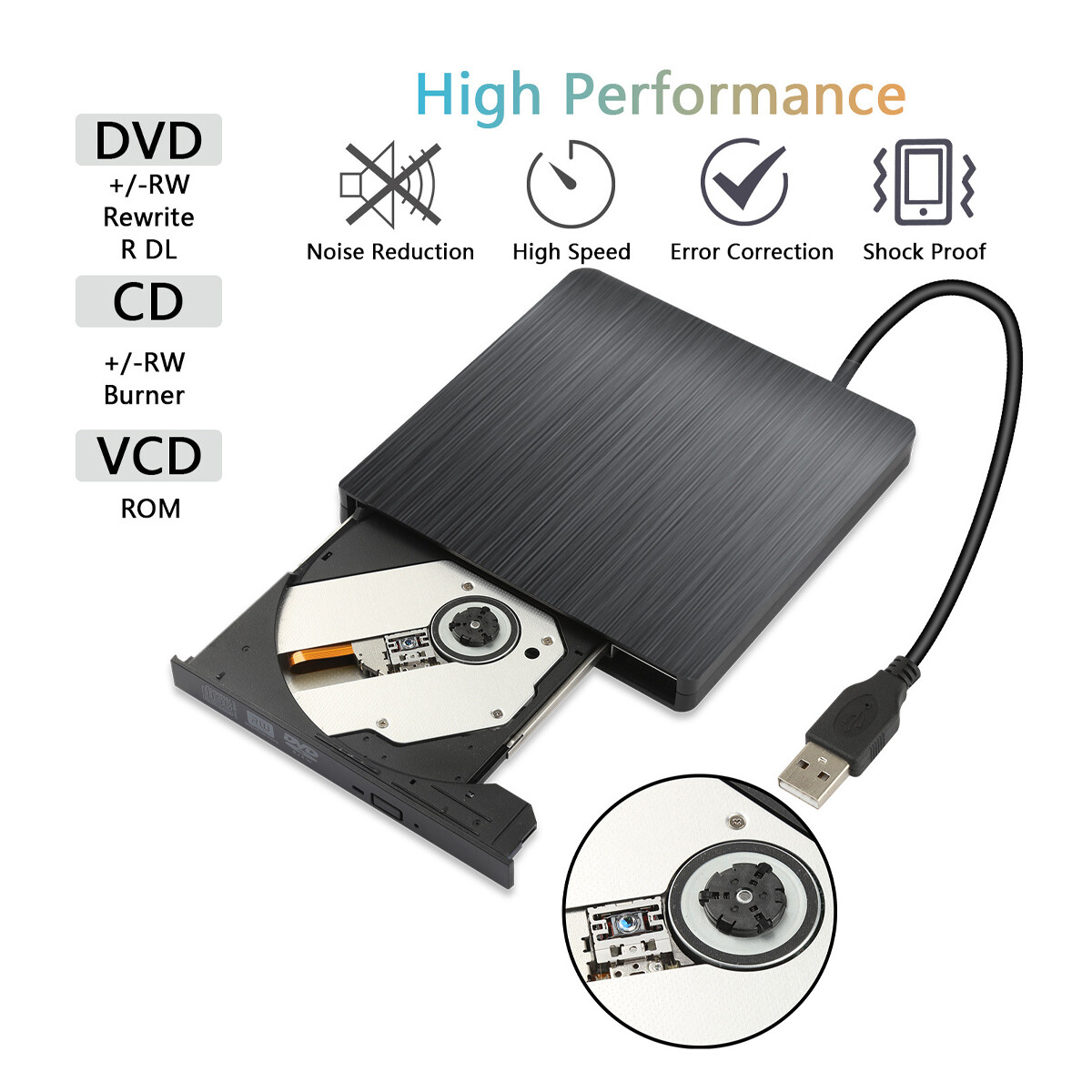 Slim External USB CD DVD ROM Writer Drive Burner Reader Player PC Laptop