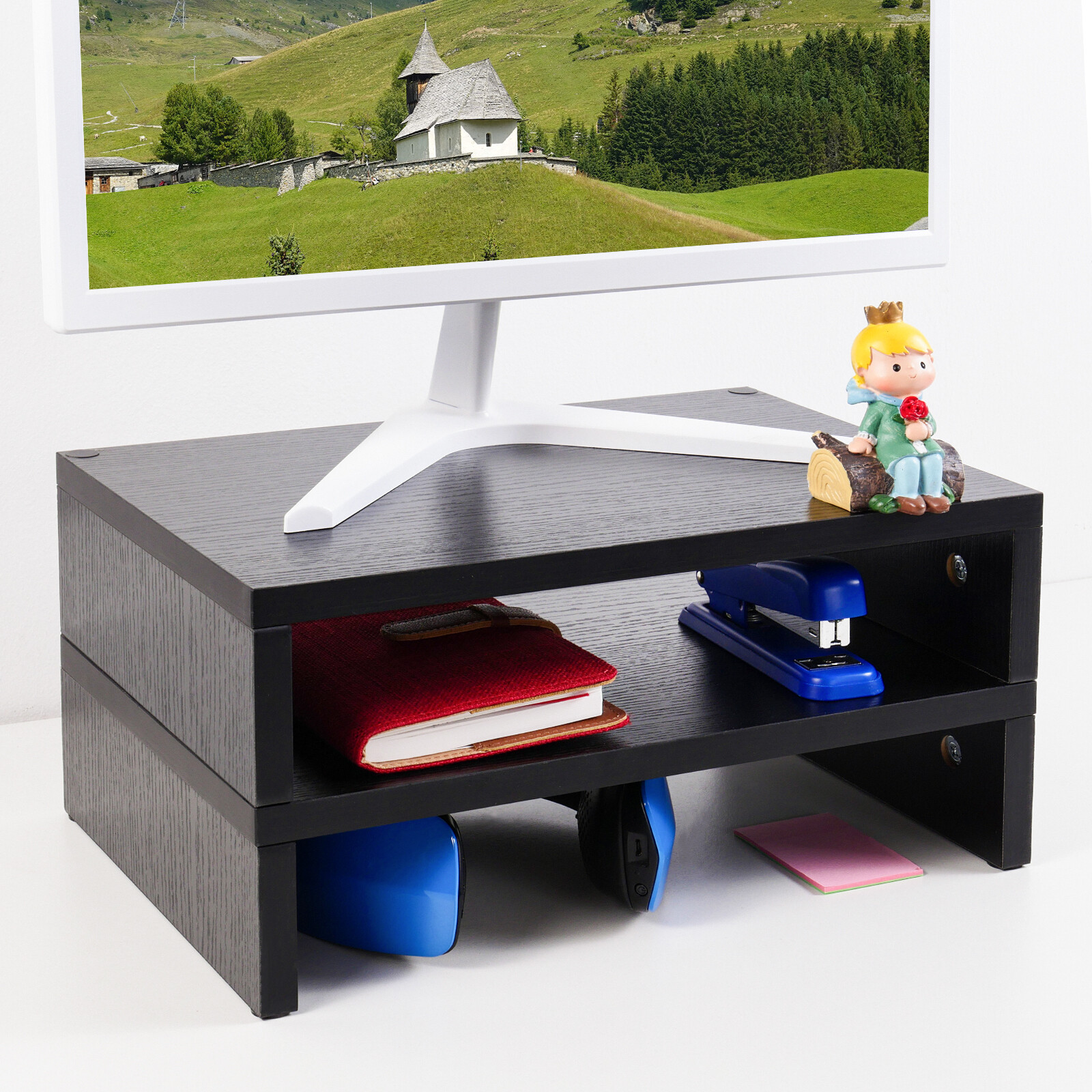 Monitor Stand Riser-2 Pack,Wood 2 Tier Adjustable Dual Monitor Riser Black
