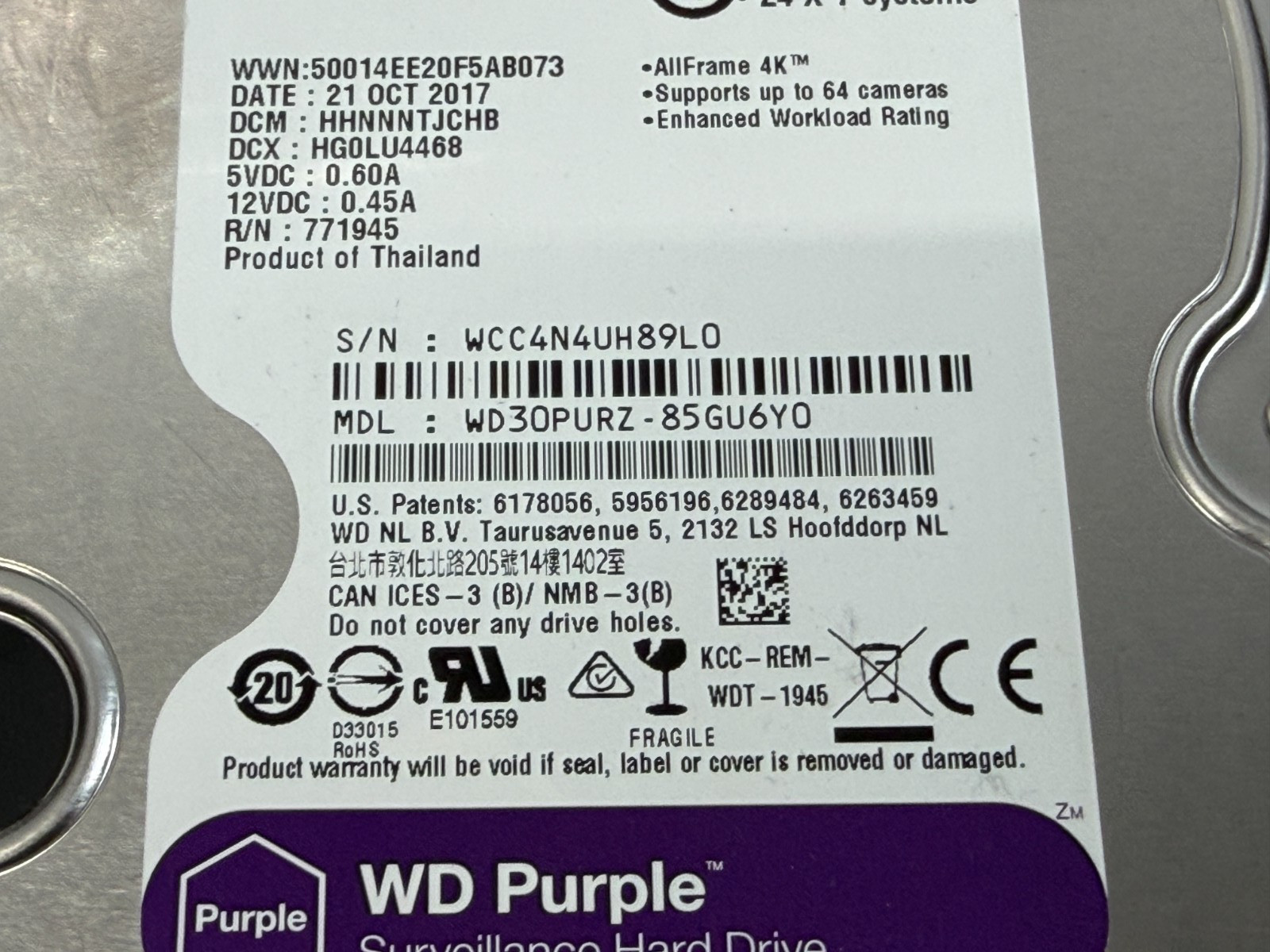 WD Purple WD30PURZ-85GU6Y0 3TB 5400RPM 3.5″ SATA 6Gb/s Surveillance HDD