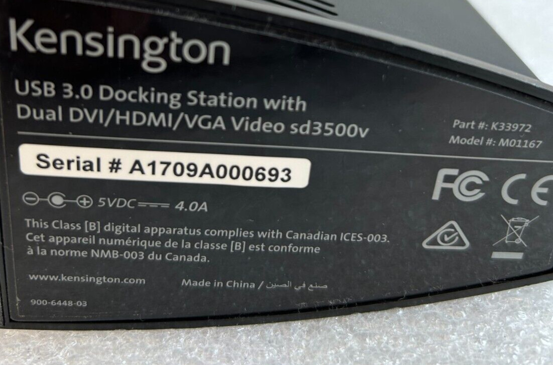 Kensington M01167 USB 3.0 Docking Station ONLY DVI/HDMI/VGA sd3500v – Free S/H