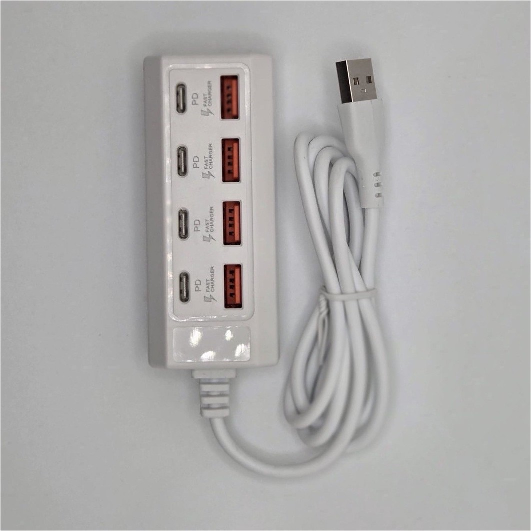 White USB Hub Splitter Box, 4 Ports, USB-A & USB-C, Fast Charging, Portable