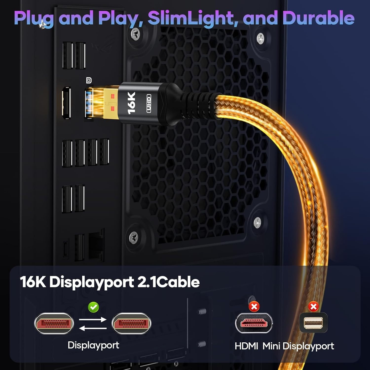 DisplayPort 2.1 Cable 80Gbps VESA 16K@60Hz 8K@120Hz 4K@240Hz HDR Braided 3.3ft