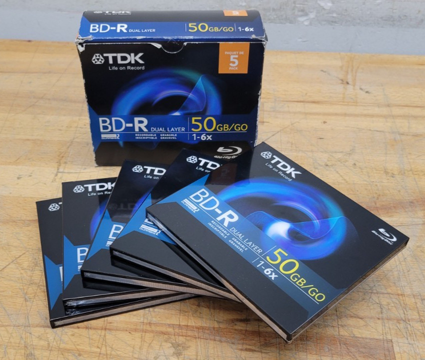 TDK Blu-Ray BD-R Discs 5 Pack – 1-6x 50GB Dual Layer Discs – Open Box
