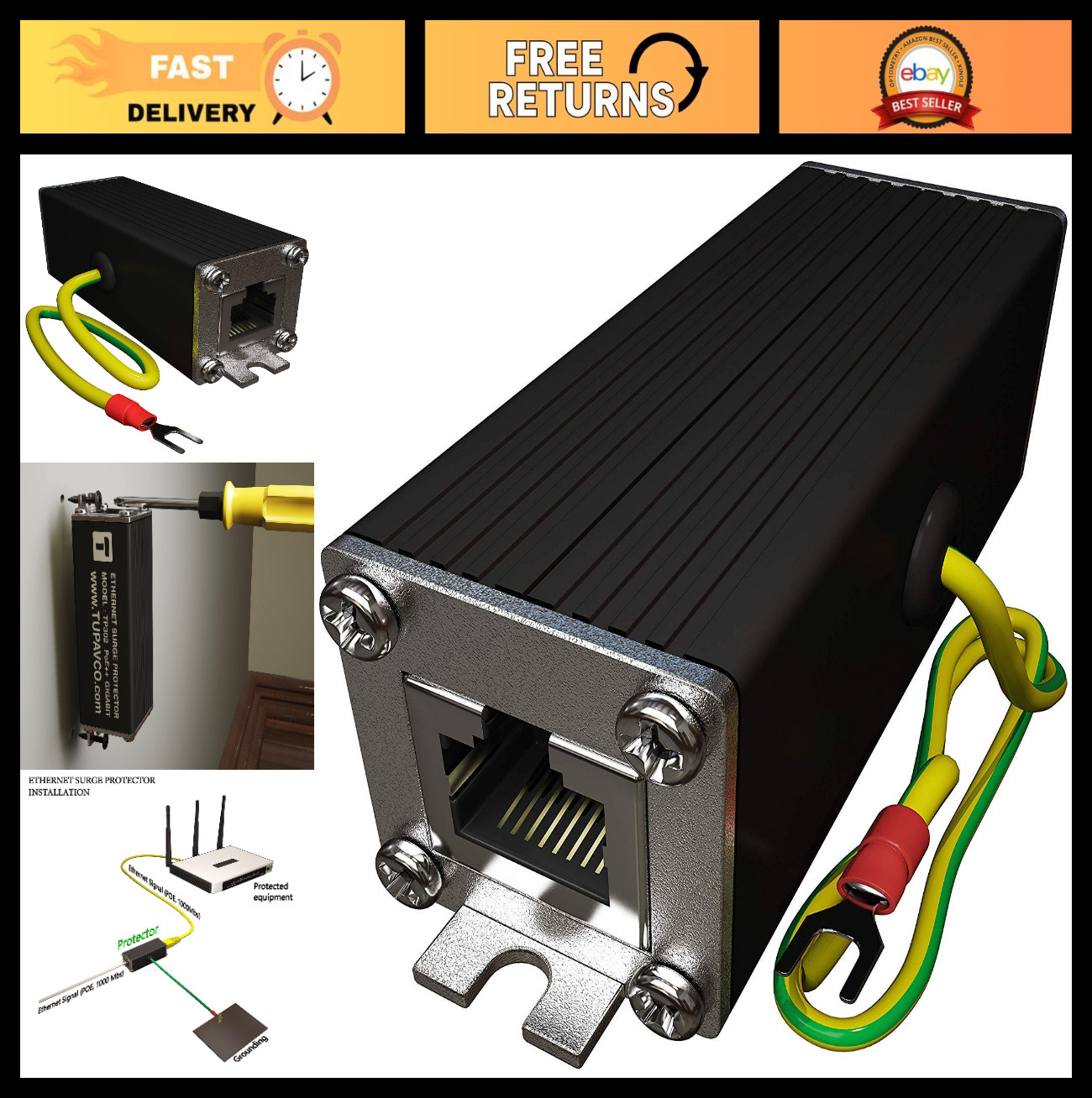 Gigabit Ethernet Surge Protector – High PoE++ Class 8 (154W/3.2A) for Network Sa