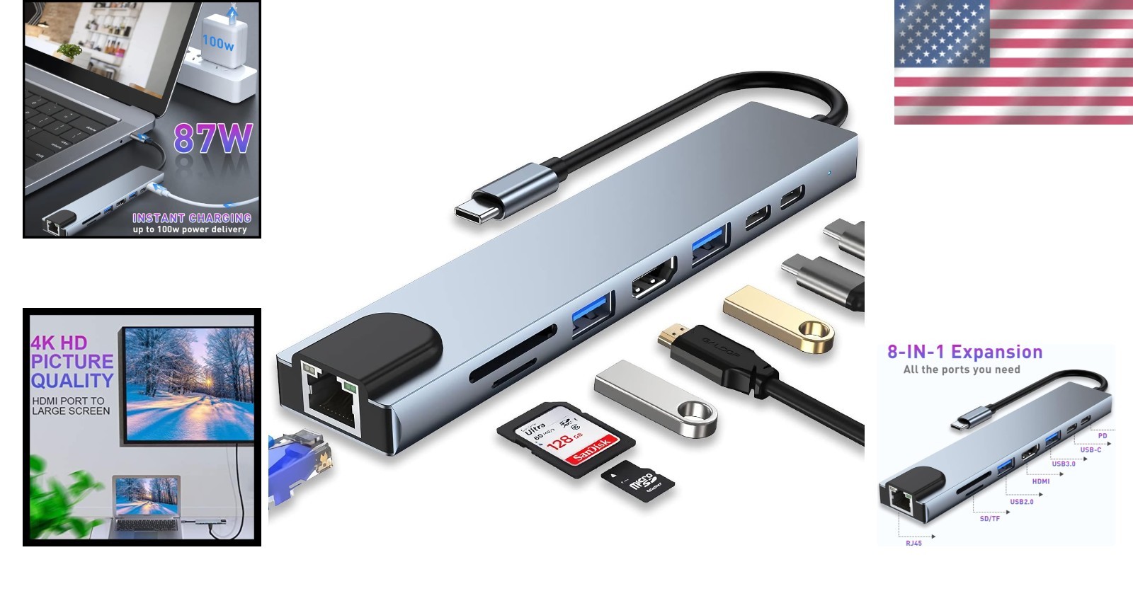 Multi-Function USB-C Hub 8-in-1: Experience 4K Visualization & Power Charging