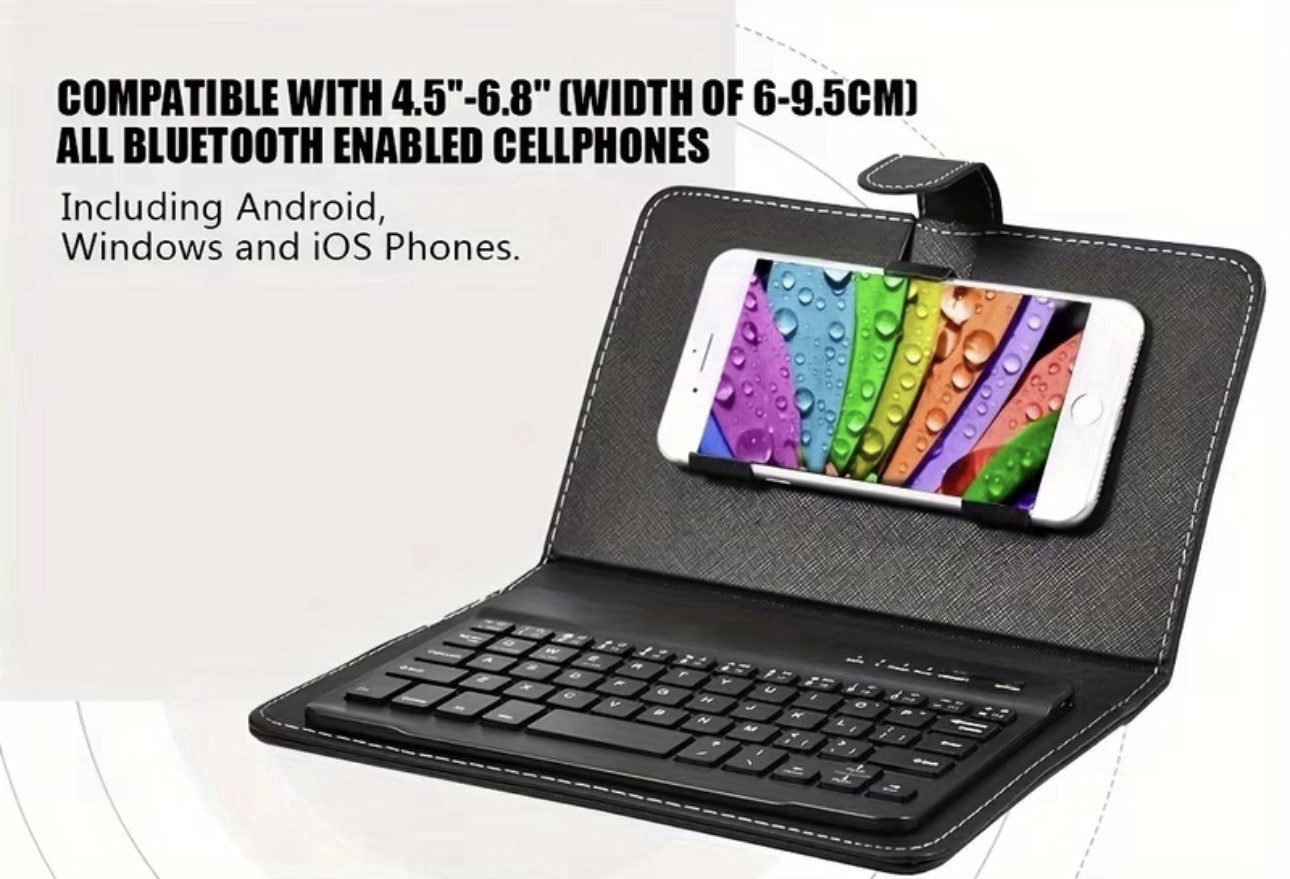 Compact Wireless Keyboard Full Size Collapsible Case Black Phones 4.5in To 6.8in