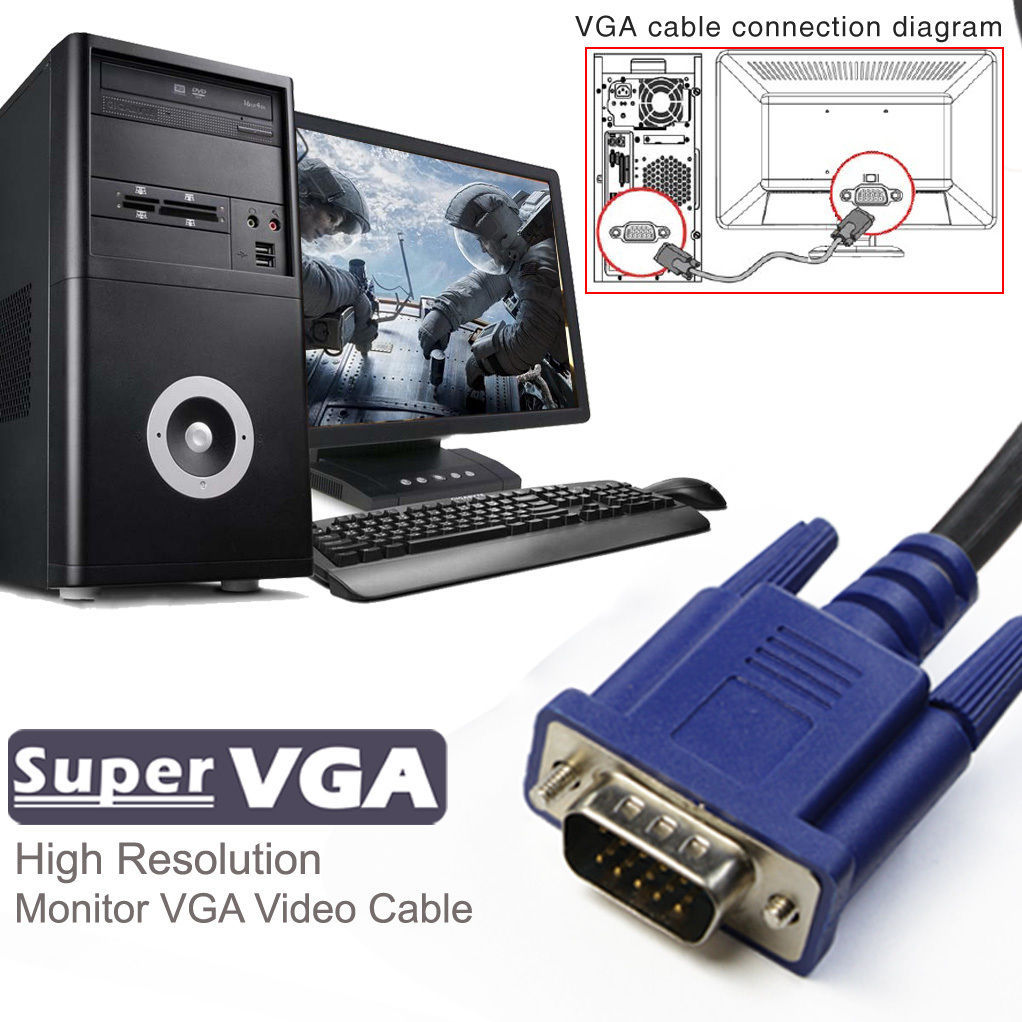 SVGA SUPER VGA Monitor 15PIN M/M Male To Male Cable CORD FOR PC TV HDTV Blue Us