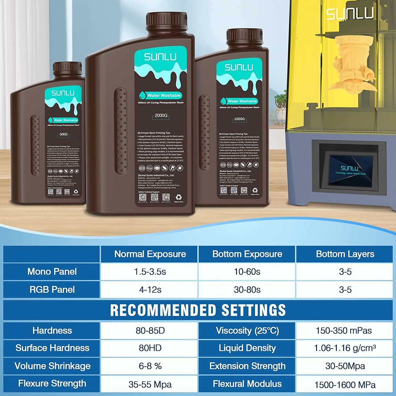 SUNLU 1KG 3D Printer Resin Standard/Water Washable/ABS-Like/Nylon-Like 405nm LCD