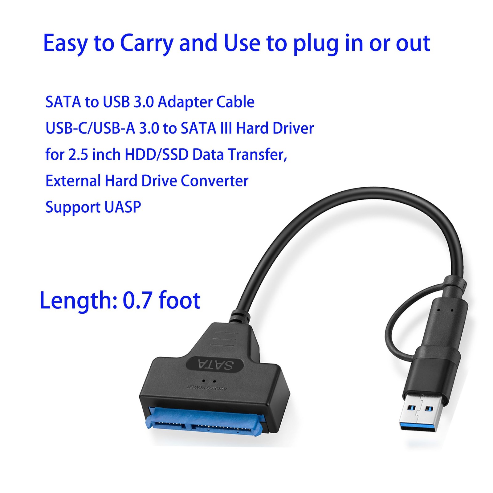 SATA to USB 3.0 Adapter Cable USB-C/USB-A 0.7ft to SATA III 2.5in HDD SSD UASP