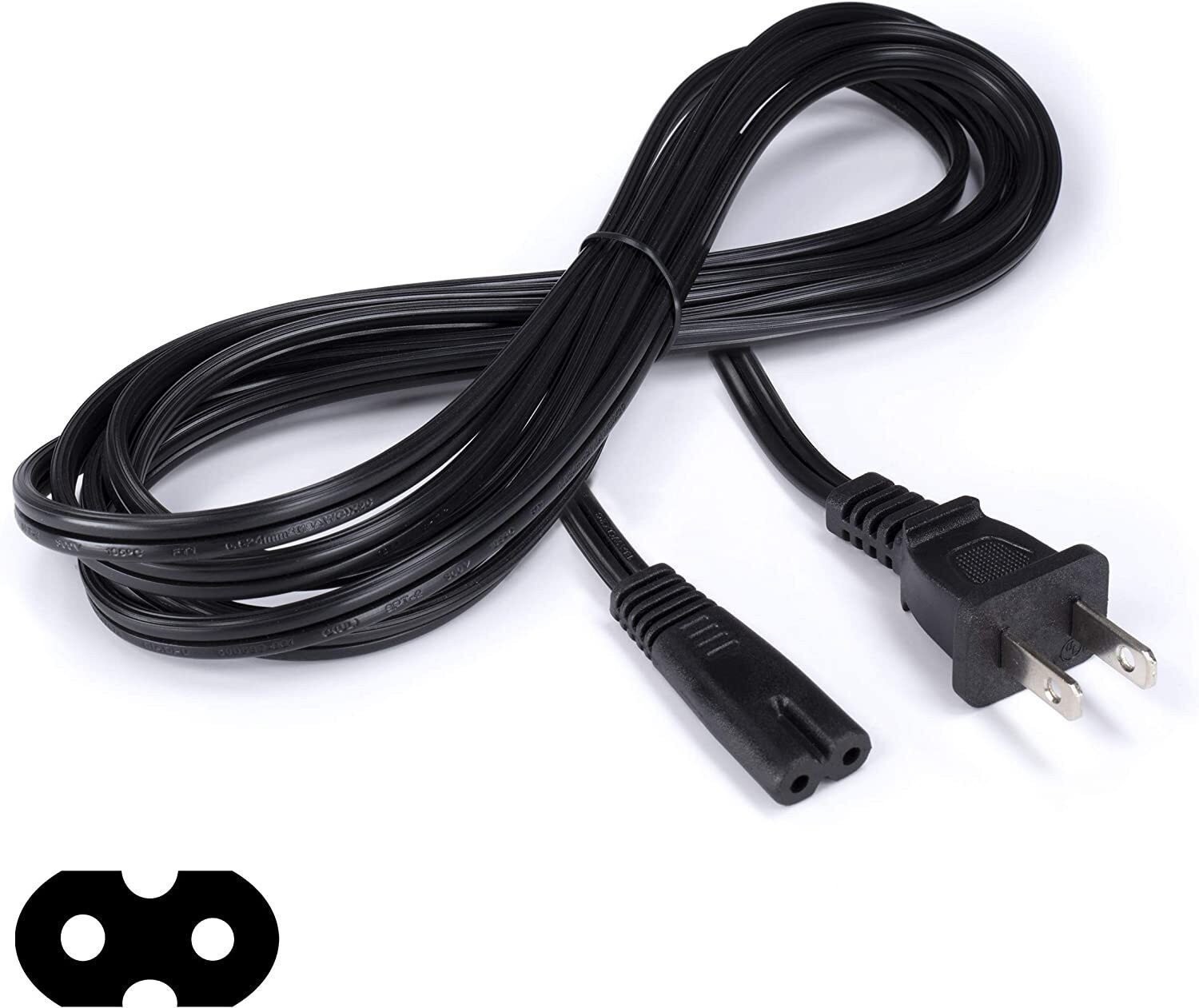 2 Prong AC Power Cord – NEMA 1-15P to C7 – Figure 8 Rnd, 18 AWG – Black, 25 Feet