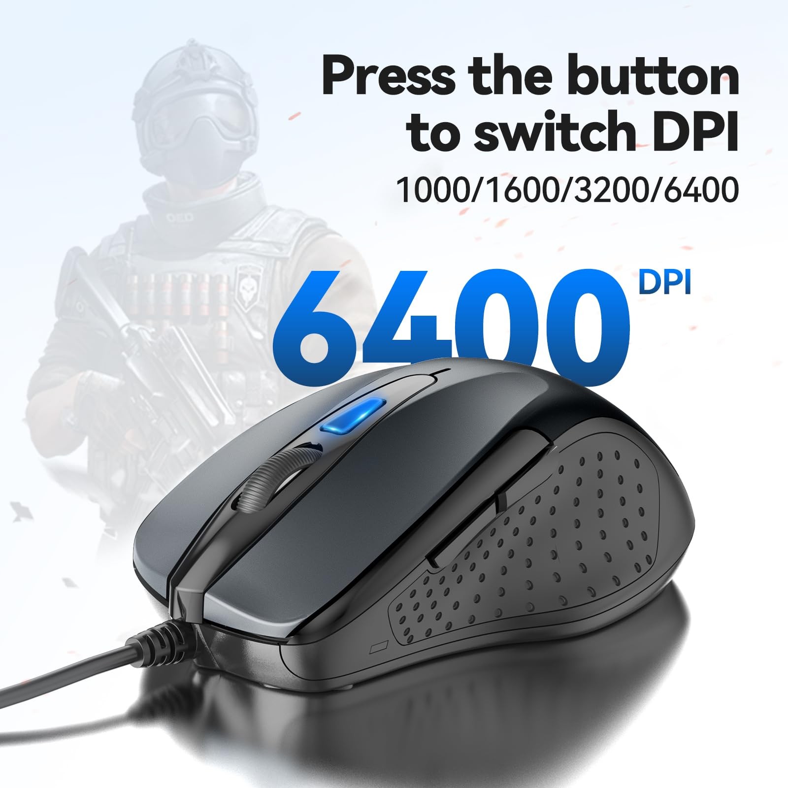 TECKNET USB Wired Mouse 6-Button 4 Adjustable DPI Gray