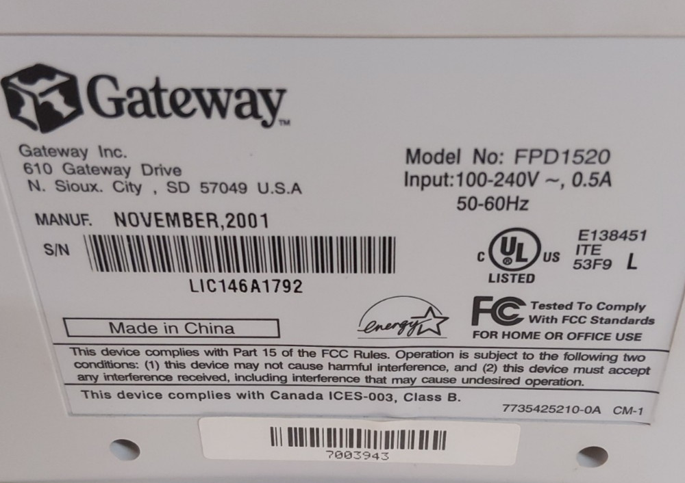 VTG-Gateway FPD1520 15″ LCD Monitor Flat Panel Display Beige Rare Retro Gaming
