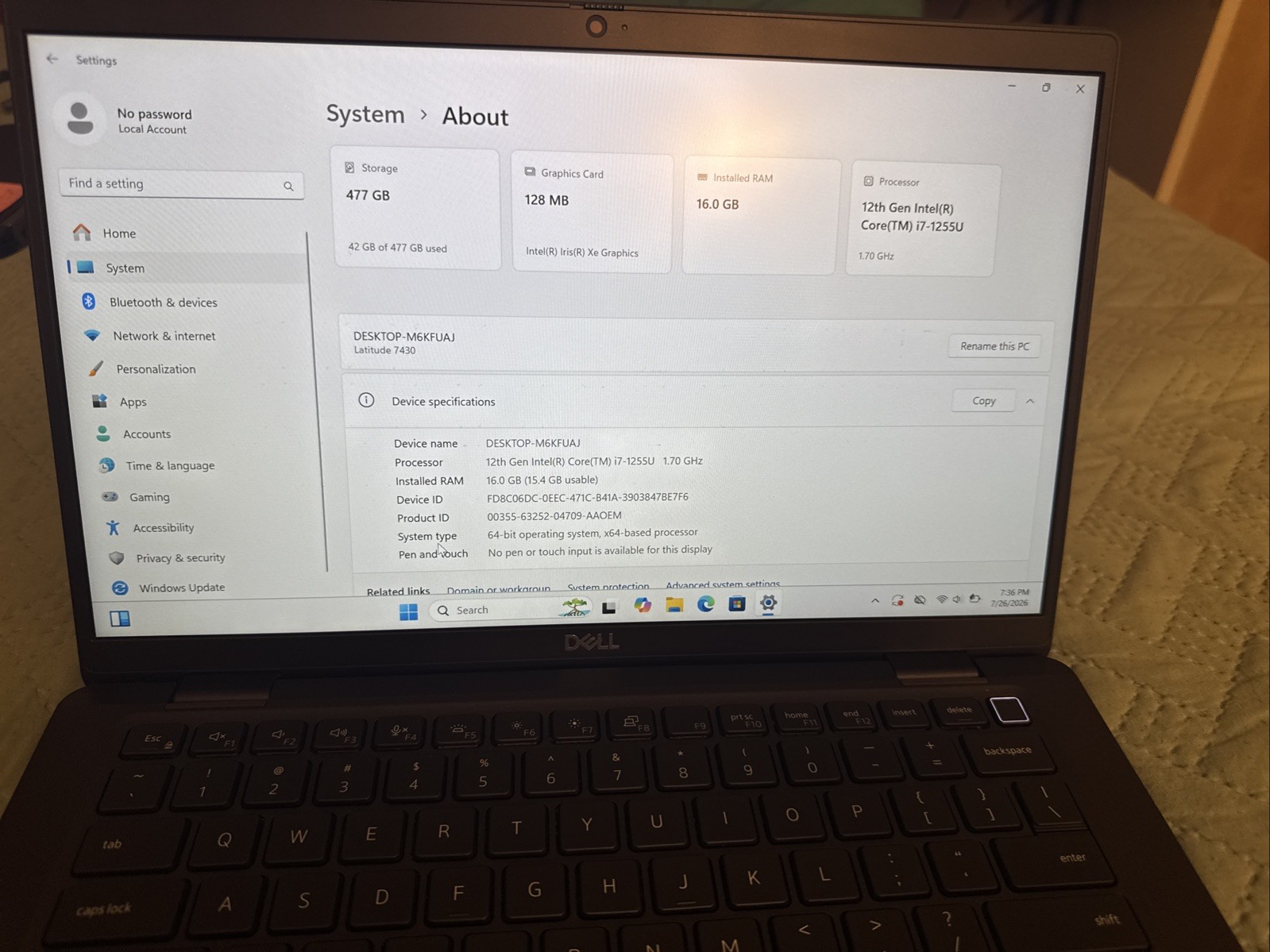 Dell Latitude 7430 – i7-1255U, 16GB RAM, 512GB – Win11 PRO “NO CHARGER”