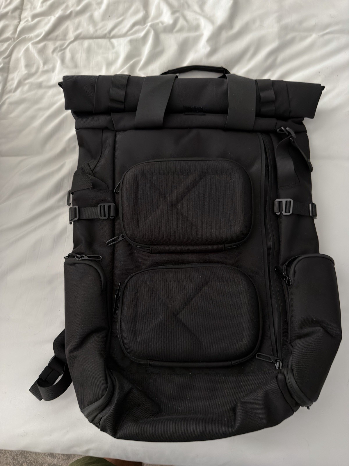 VERIA Black Roll-Top Nylon Laptop Backpack 15in, Padded Straps, Water Resistant