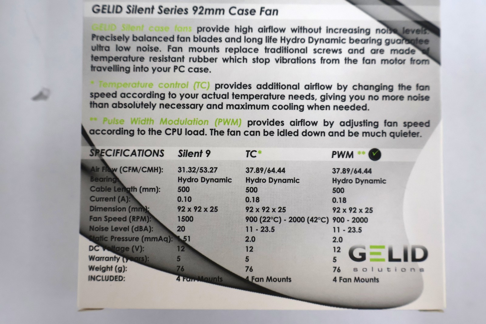 Gelid Solutions Silent 9 PWM 92mm Case Fan 1500 RPM 3-Pin Connector (Pack of 3)