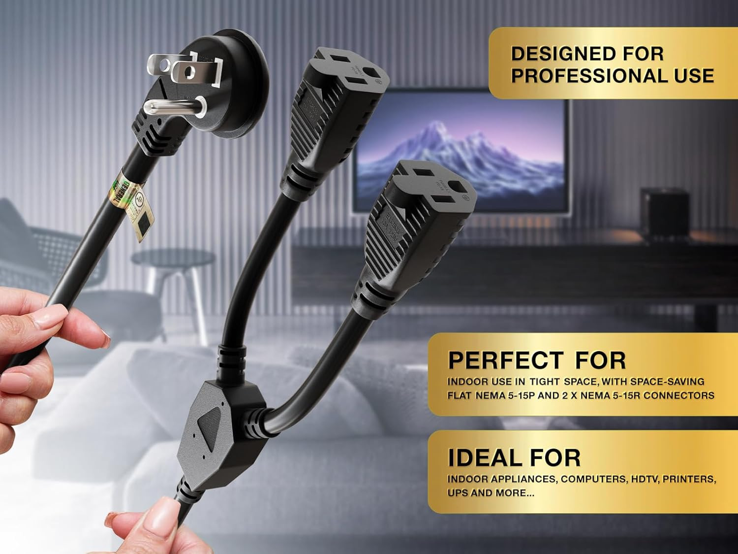 14 inches Ultra Low Profile Power Extension Cord Splitter Cable 16 AWG, Black