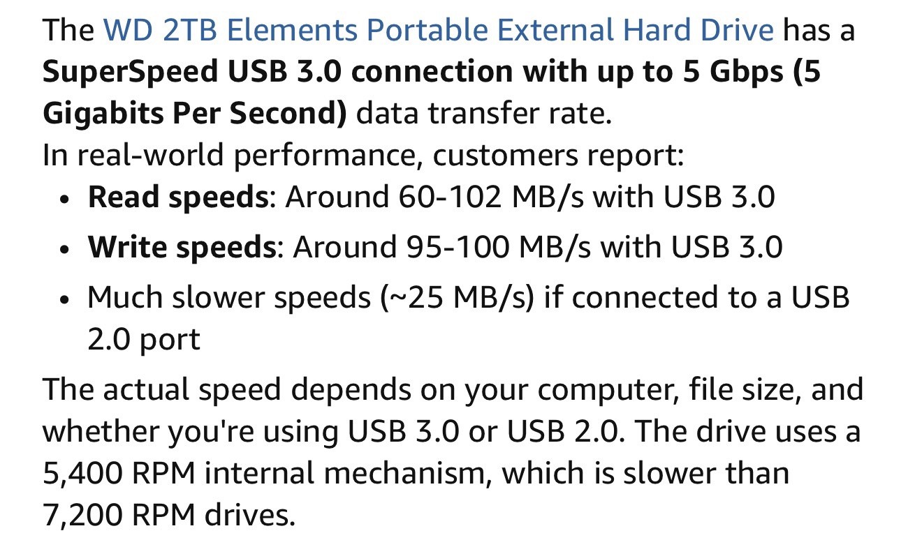 WD 2TB Elements Portable External Hard Drive USB 3.2 Gen 1/USB 3.0 (TESTED)