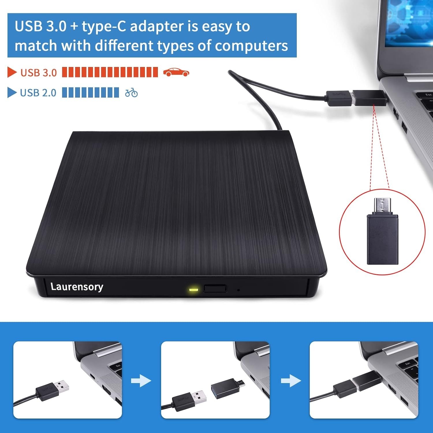 External CD DVD Drive, USB 3.0 Player Burner Writer, for PC Laptop Windows MacOs