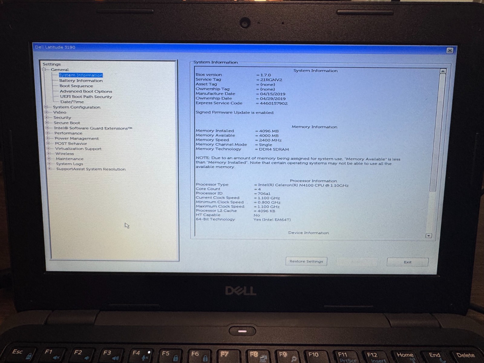 Dell Latitude 3190 Laptop – Used, Intel CPU, 4gb Ram, 62gb HD
