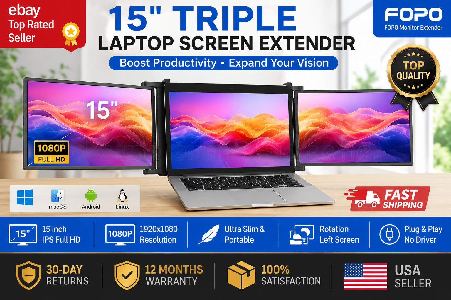 15″ Triple Portable Monitor for Laptop FHD 1080P USB-C HDMI Screen Extender