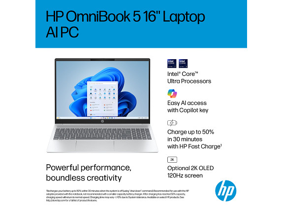 HP OmniBook 5 Laptop Computer 16″ 2K Touch Screen Intel Core Ultra 7 16 GB