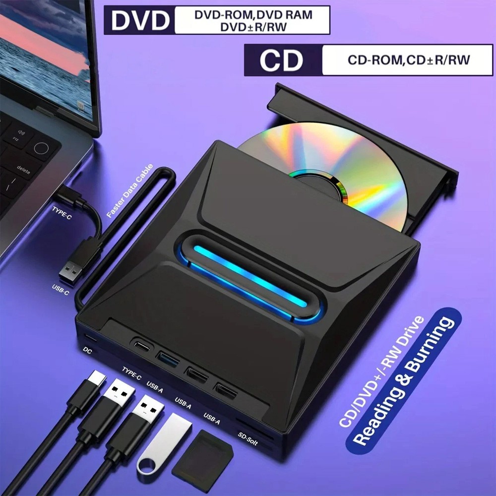 7-in-1 Slim External CD DVD Drive USB 3.0 Reader Writer Burner Player For Laptop