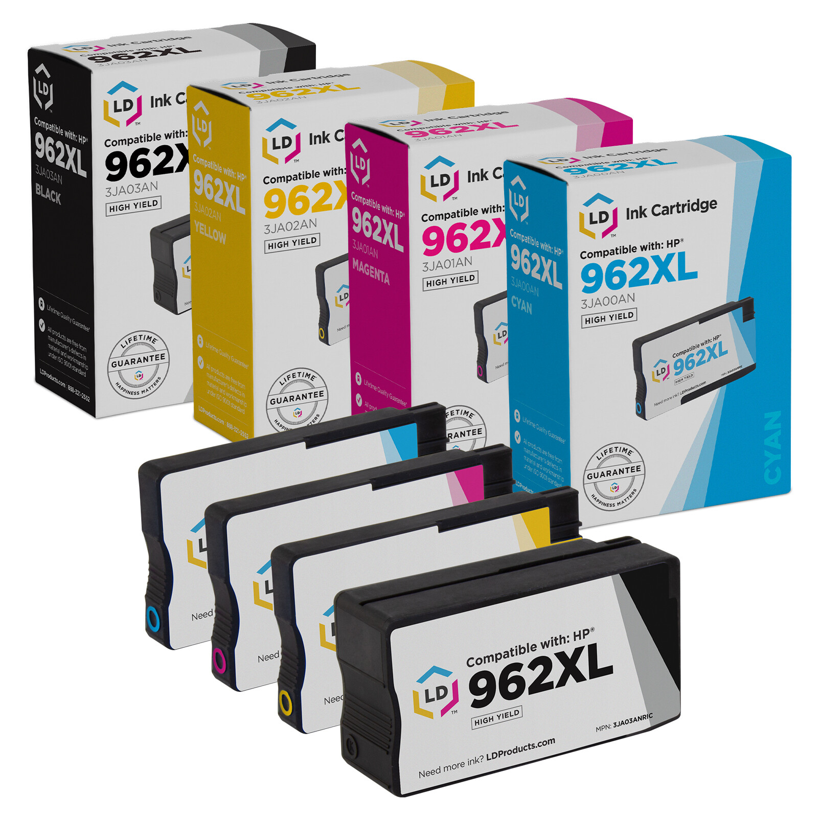 LD Replacement for HP 962XL High Yield Ink Cartridges: Black Cyan Magenta Yellow
