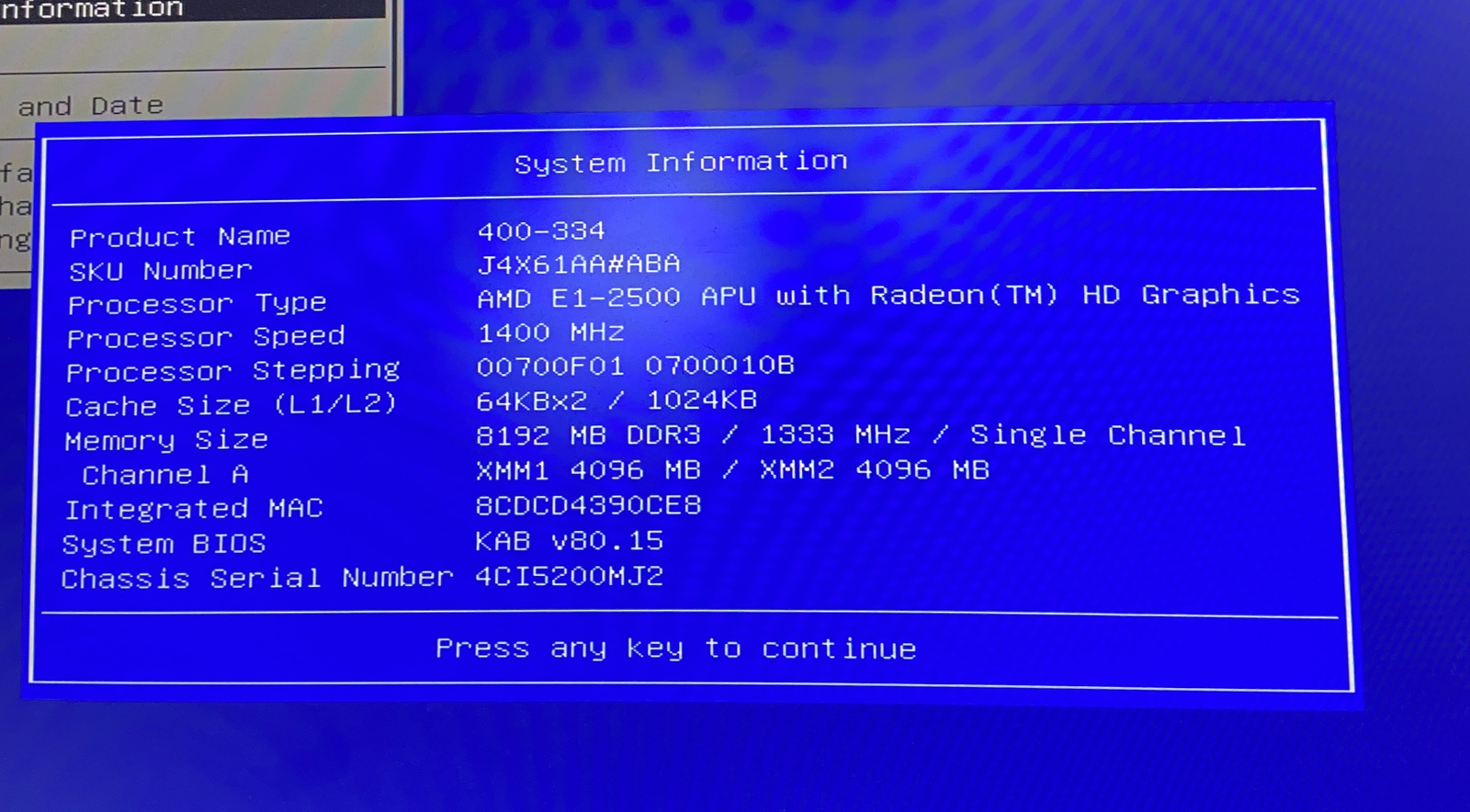HP 400-334 SFF Desktop BOOTS E1-2500 @ 1.40GHz 8GB RAM NO HDD Radeon HD 8240