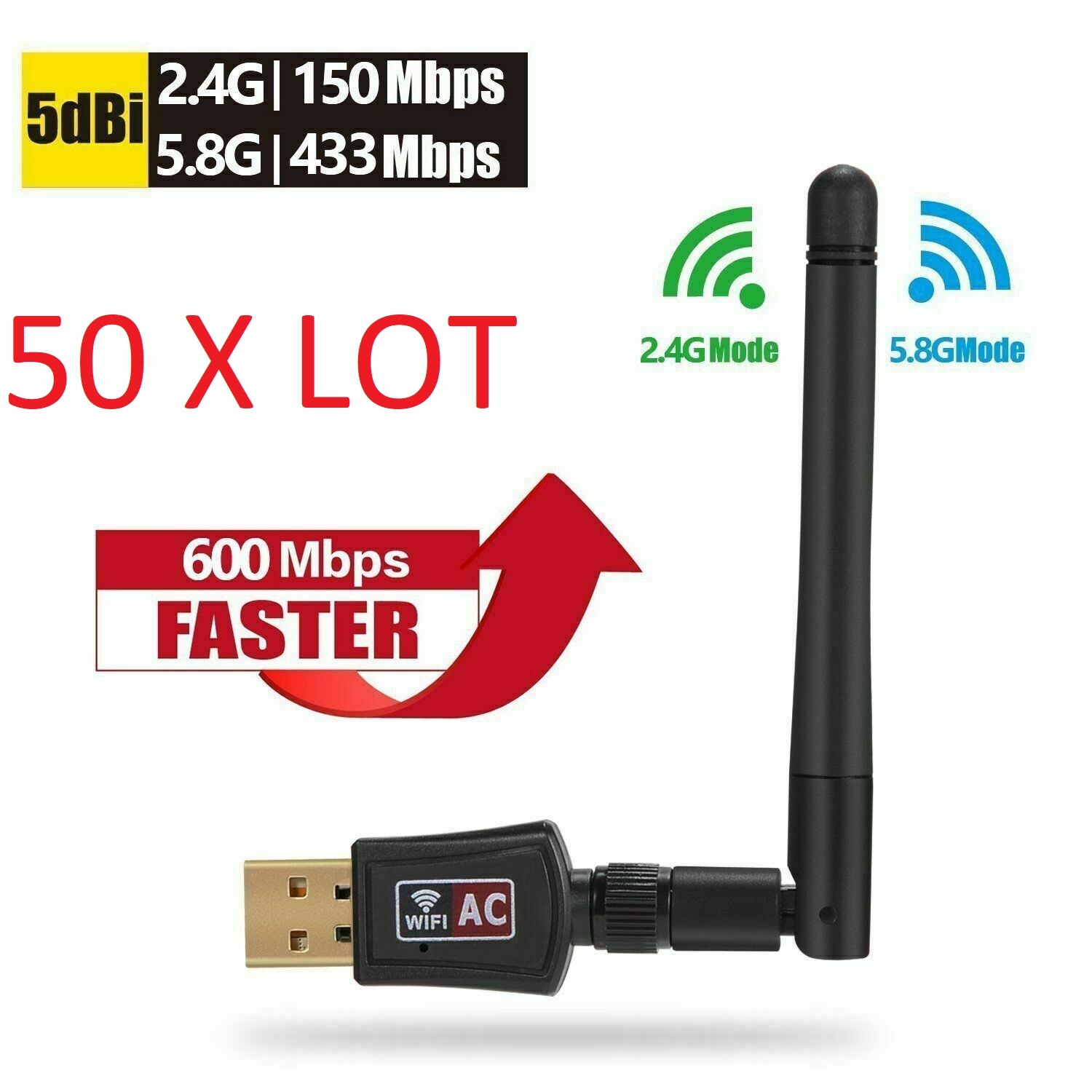 50x lot AC600 Mbps Dual Band 2.4/5Ghz Wireless USB WiFi Network w/Antenna 802.11