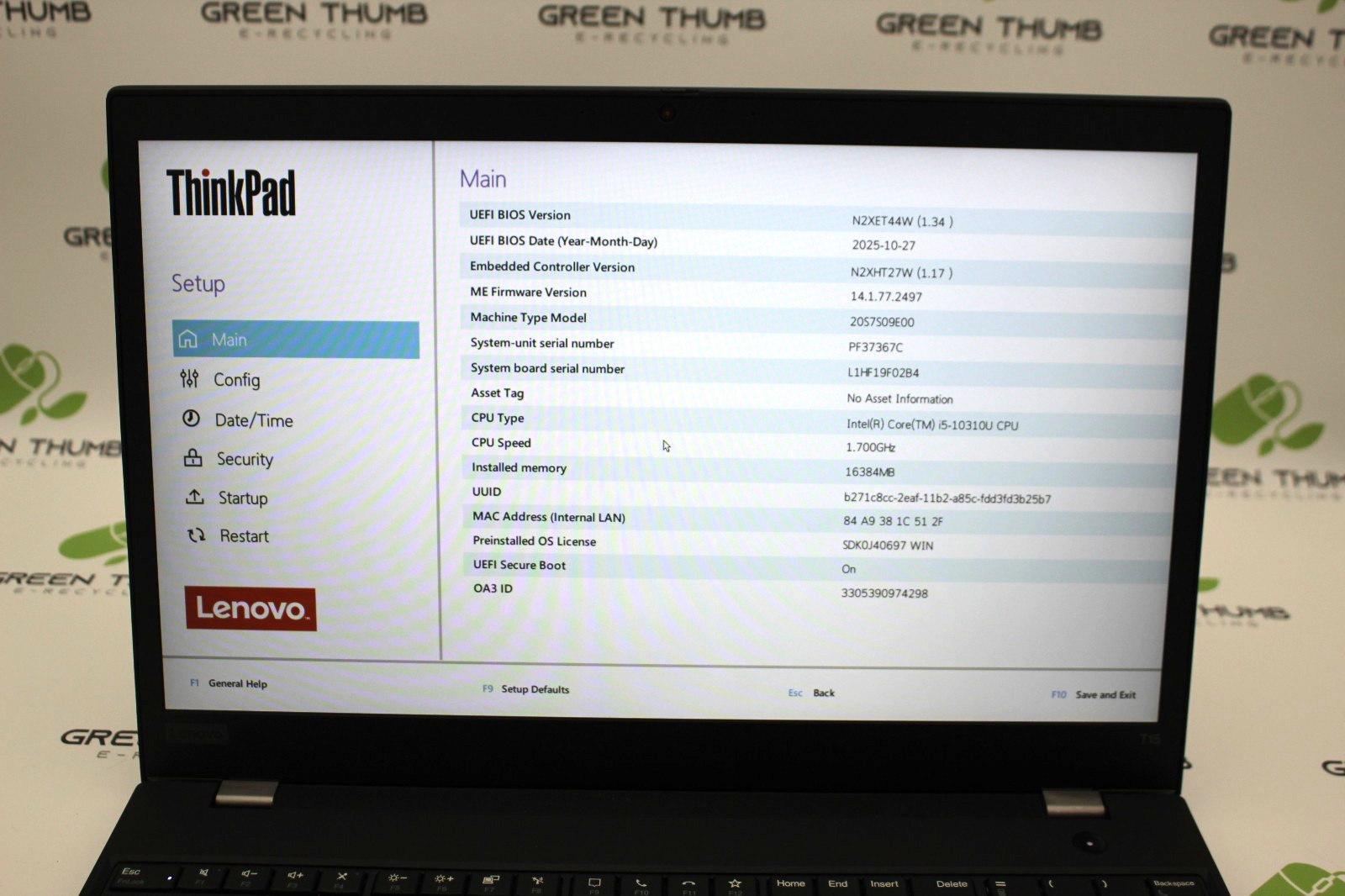 Lenovo ThinkPad T15 Gen 1 15.6″ Screen i5-10310U 1.7GHz 16GB NO SSD GRADE A