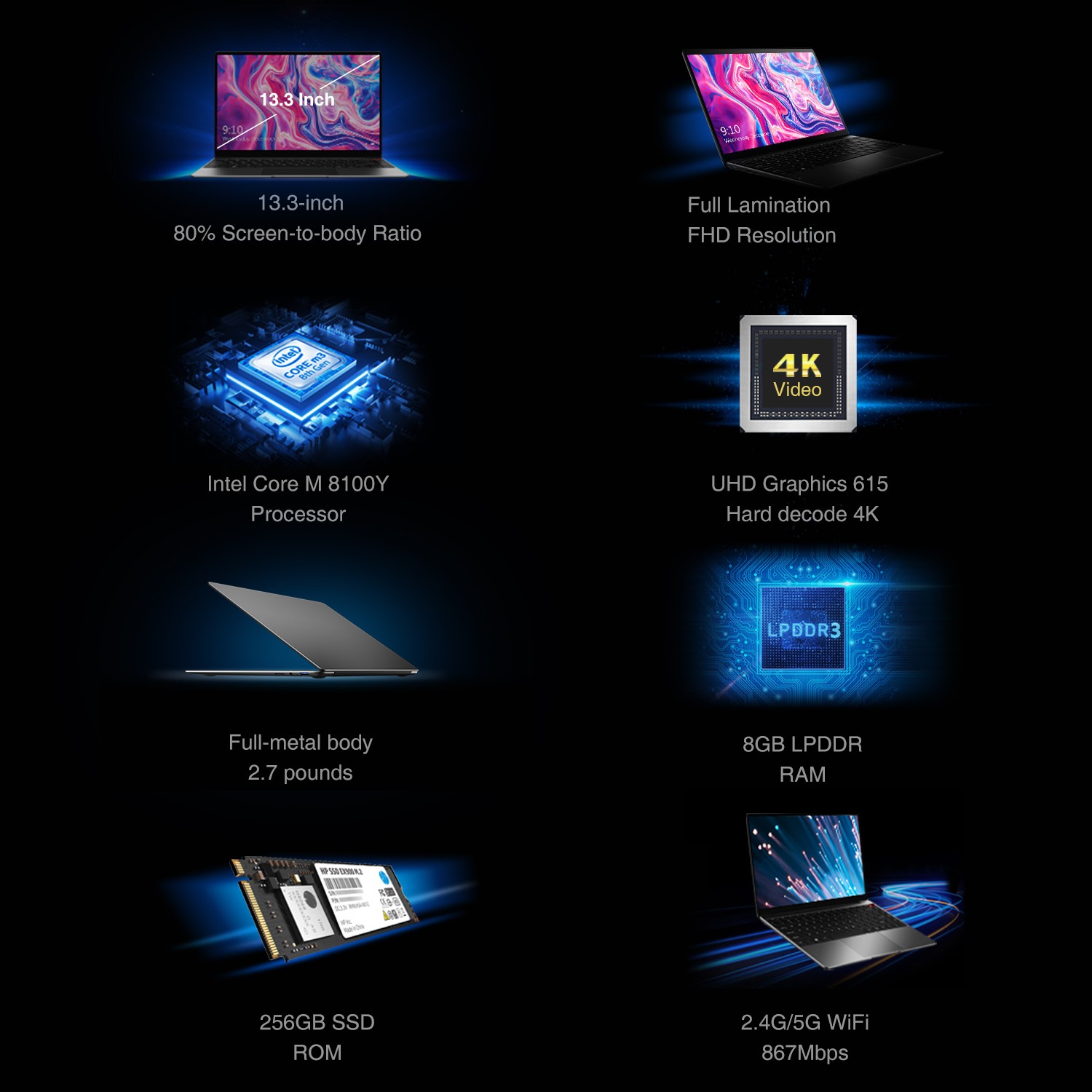 CHUWI 13.3in Aerobook Intel Core Laptop Computer 8G 256G Win11 Backlit keyboard