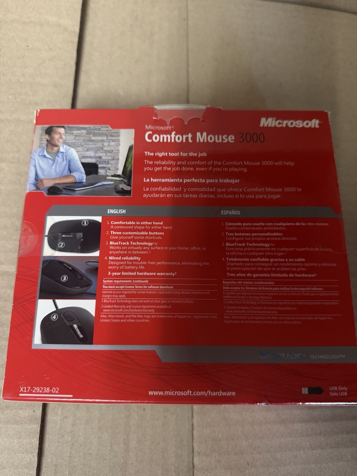 Microsoft Comfort Mouse 3000 Wired USB BlueTrack Ergonomic 3-Button Black
