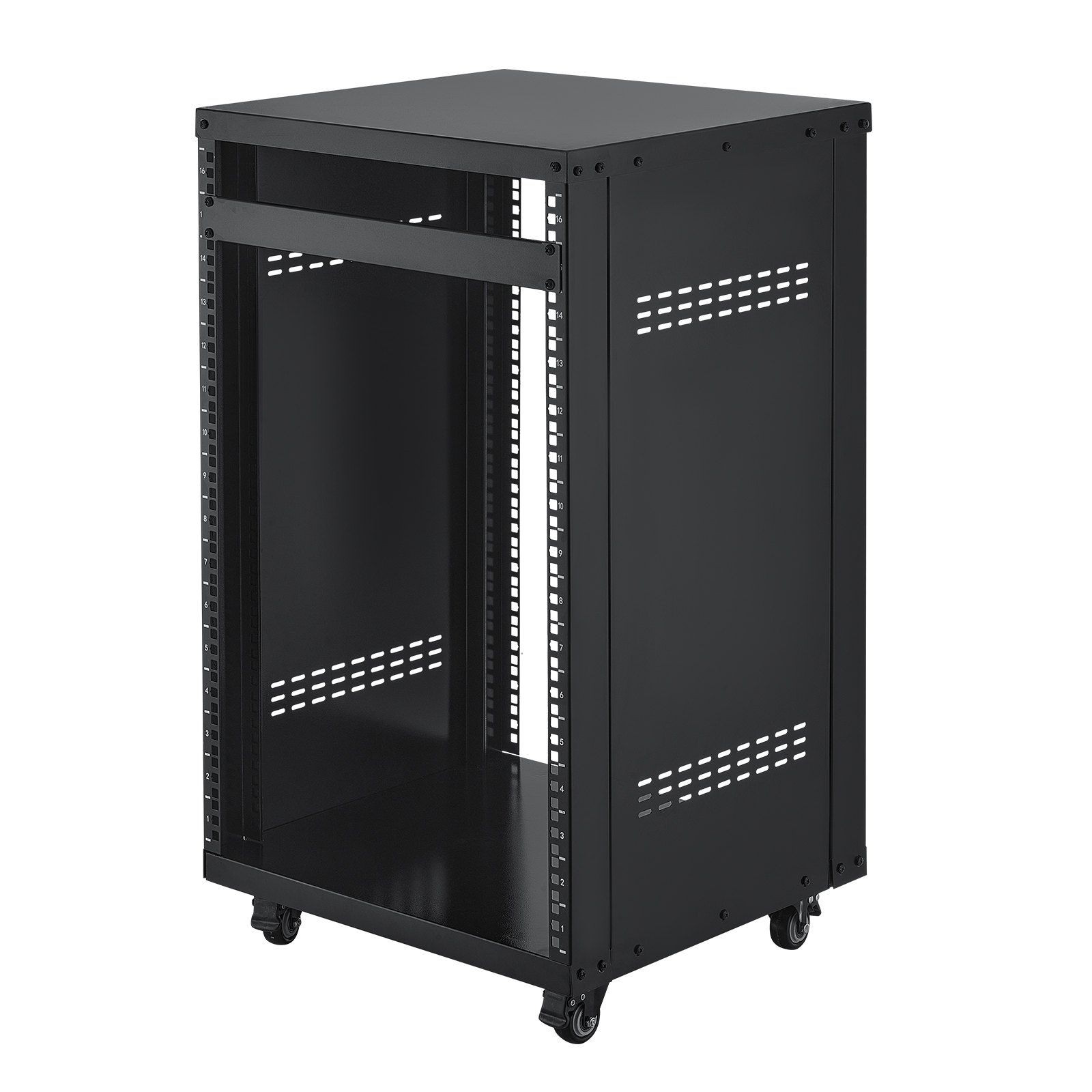16U 200lb Open Frame AV Rack with Lockable Casters & 19-Inch Ventilation