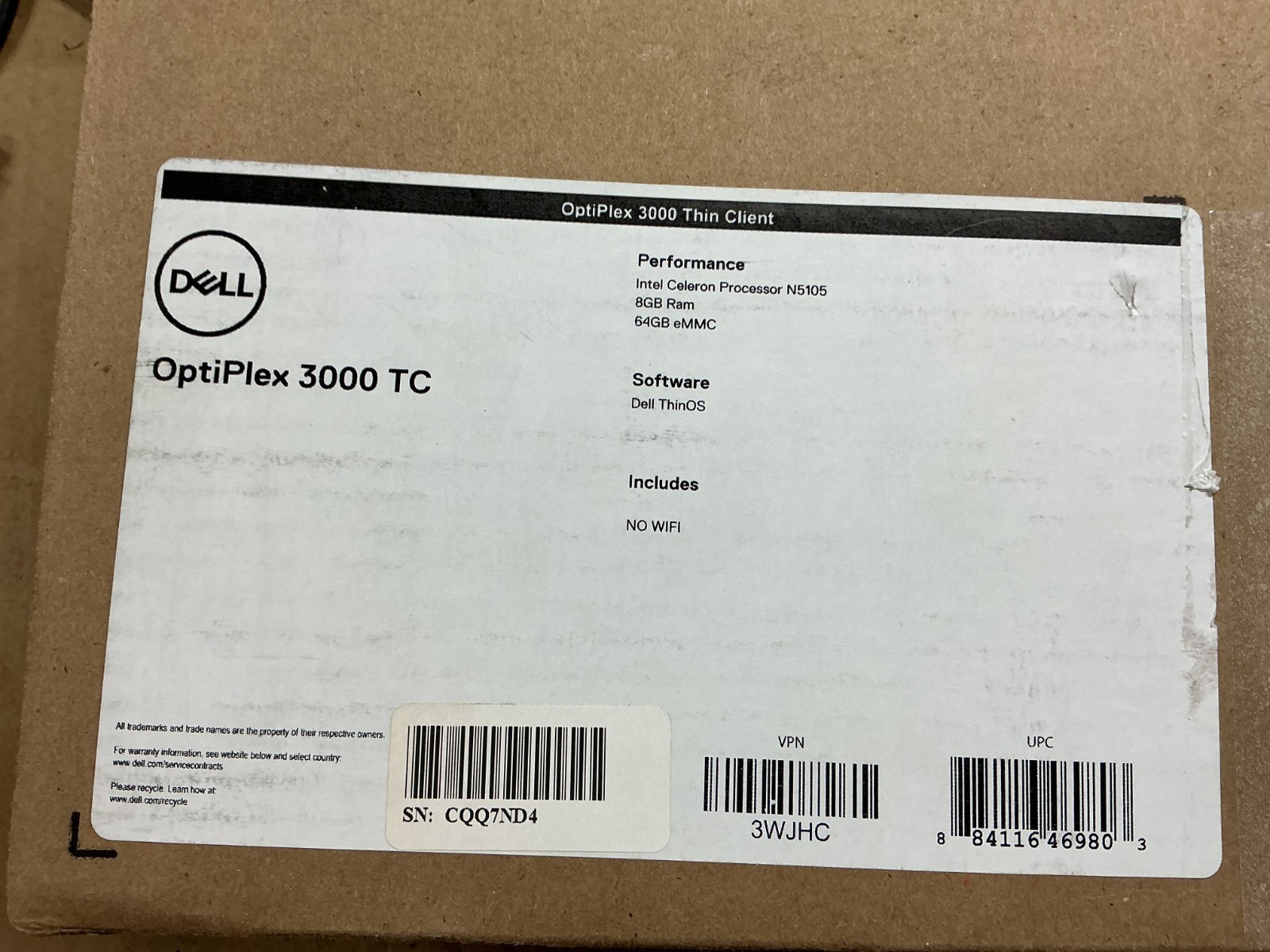 Dell OptiPlex 3000 Thin Client Celeron N5105 8GB 64GB SSD ThinOS – 3WJHC