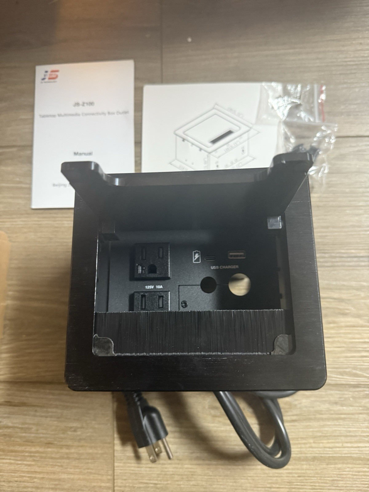 Tabletop Brush Cable Cubby Connectivity Box w2 AC Power 1USB-A Charger 1 USB-C