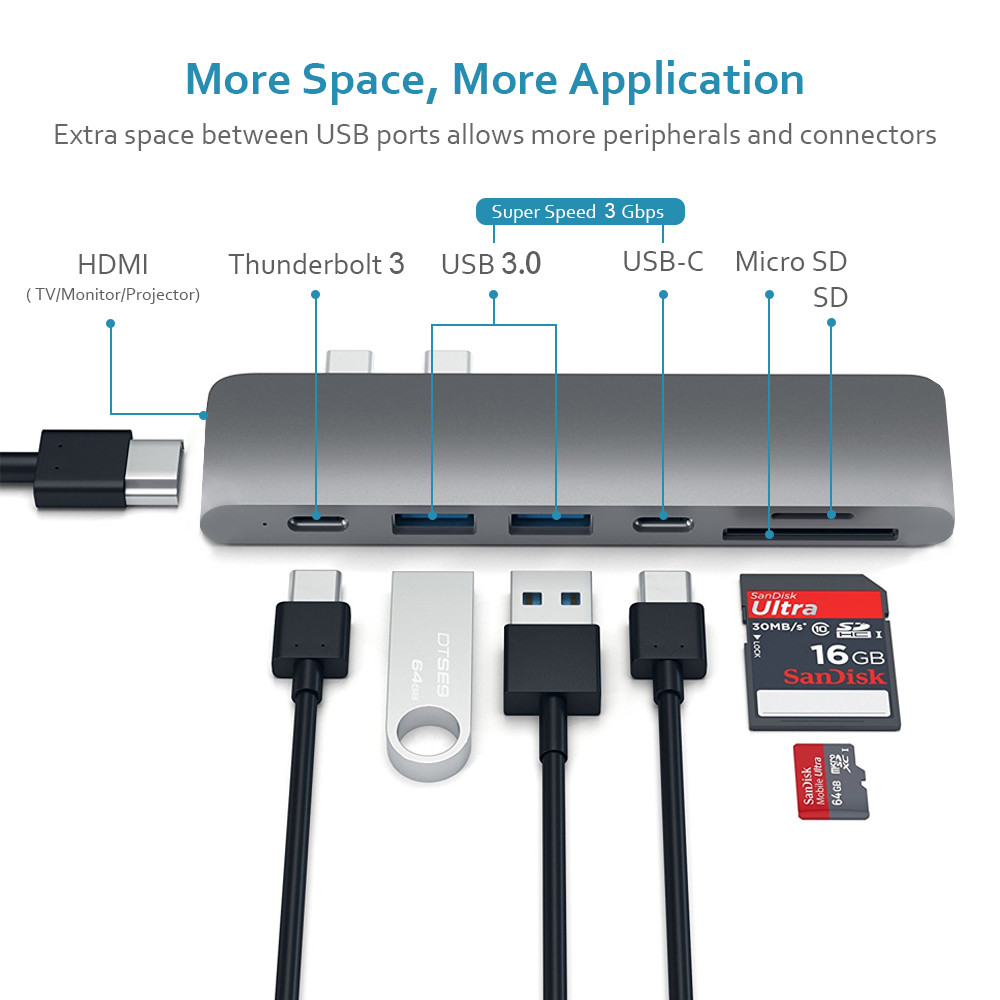 Aluminum USB-C Hub 7-in-1 Adapter w/4K HDMI Card Reader Thunderbolt 3 USB 3.0 PD