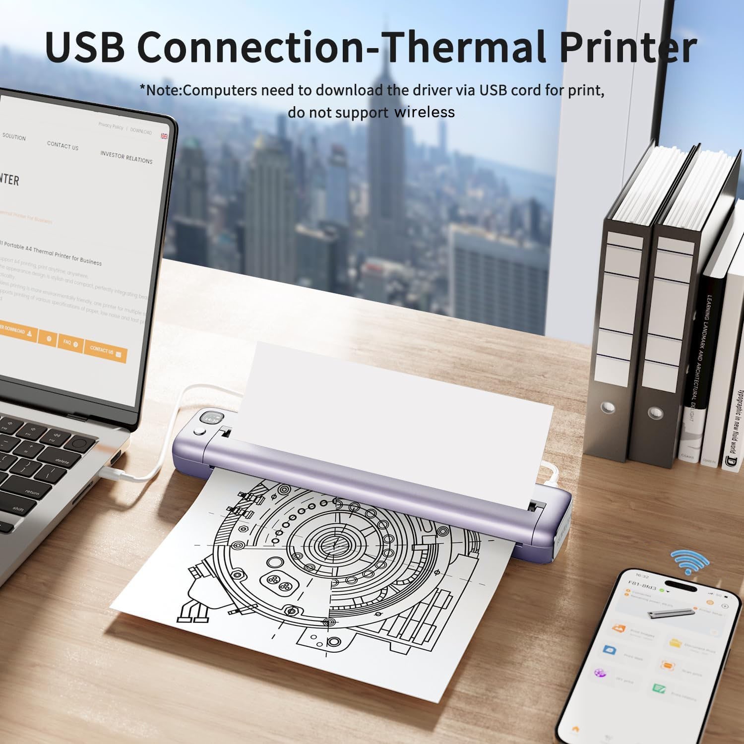 Wireless Mobile Printer A4 US Letter Travel Inkless Thermal for Car Truck Office