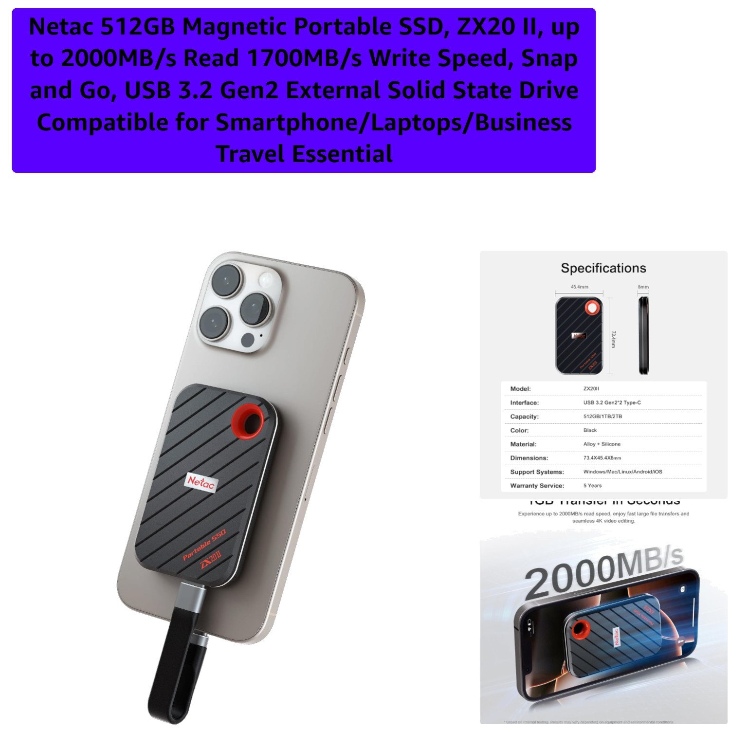 512GB Magnetic Portable SSD, ZX20 II, up to 2000MB/s Read 1700MB/s Write Spee…
