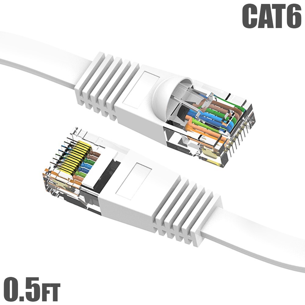 0.5FT Flat Cat6 RJ45 Network LAN Ethernet Patch Cable Slim Copper 32AWG White