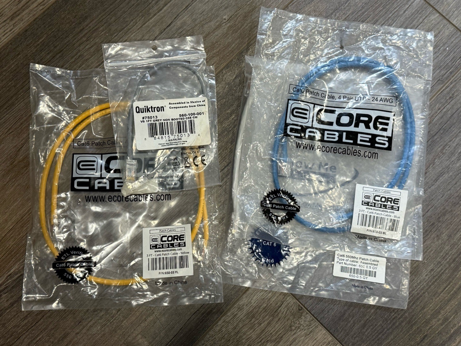 New Ethernet Patch Cables Lot Of 4, One 1f Grey Cat5e, One Cat6 0.5ft White, Etc
