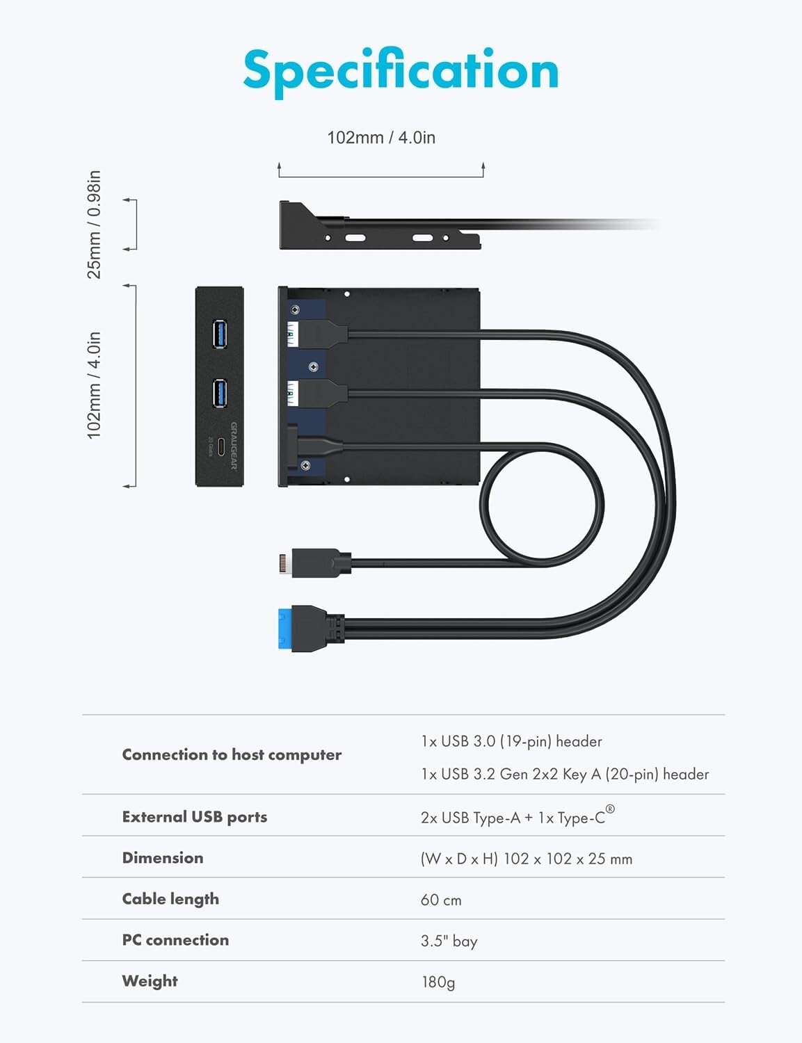 High-Speed USB Hub (20Gbps) for 3.5 Inch PC Cases – Plug and Play Convenience