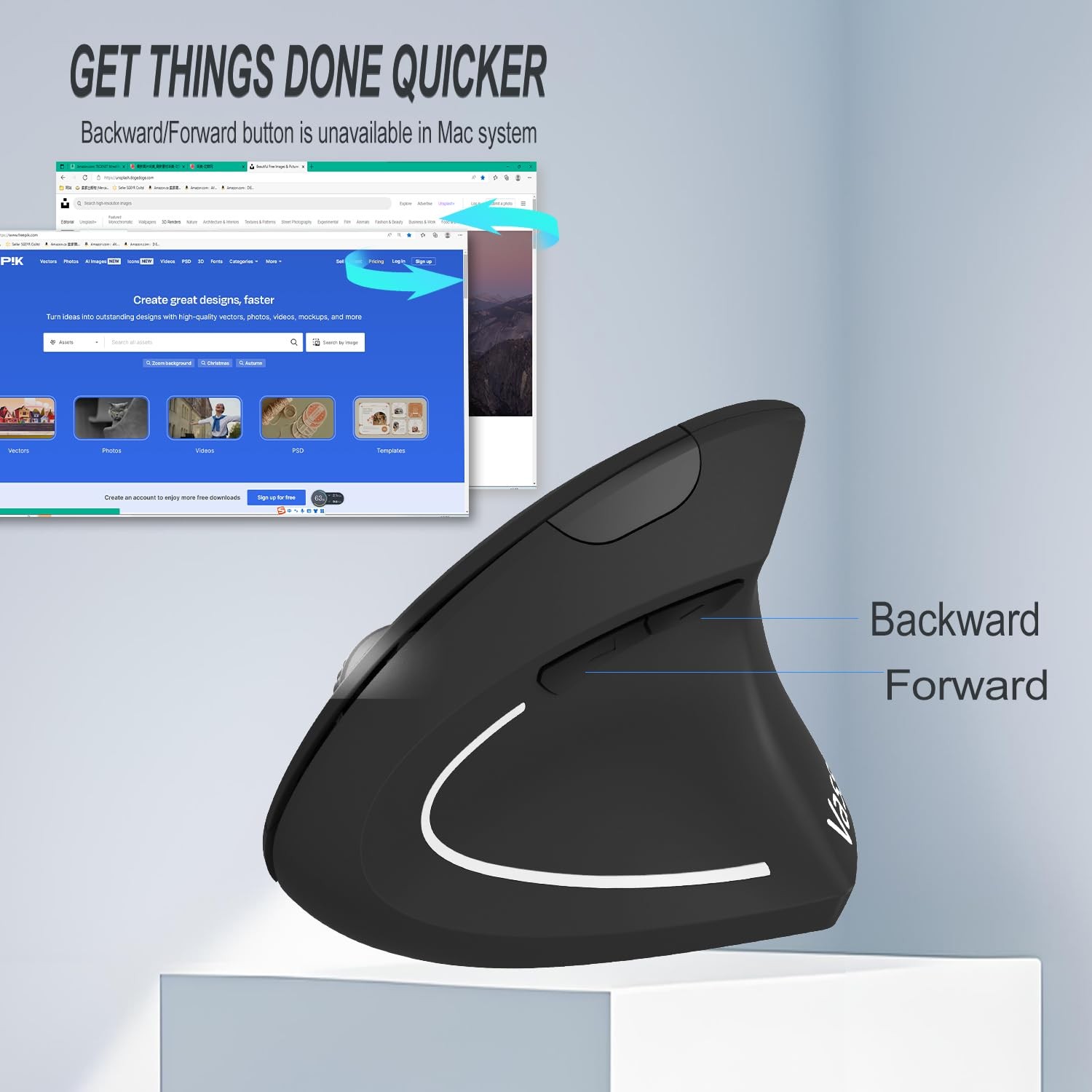 Ergonomic Wireless Vertical Mouse USBA TypeC 800/1200/1600 DPI 2.4GHz Black