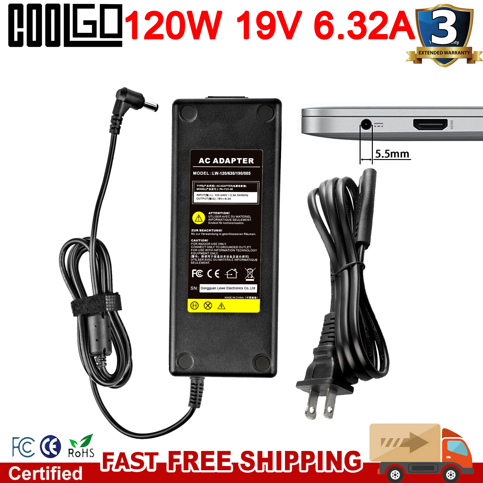 19V 6.32A 120W AC Power Supply Adapter Charger For ASUS ROG MSI Laptop 5.5×2.5mm