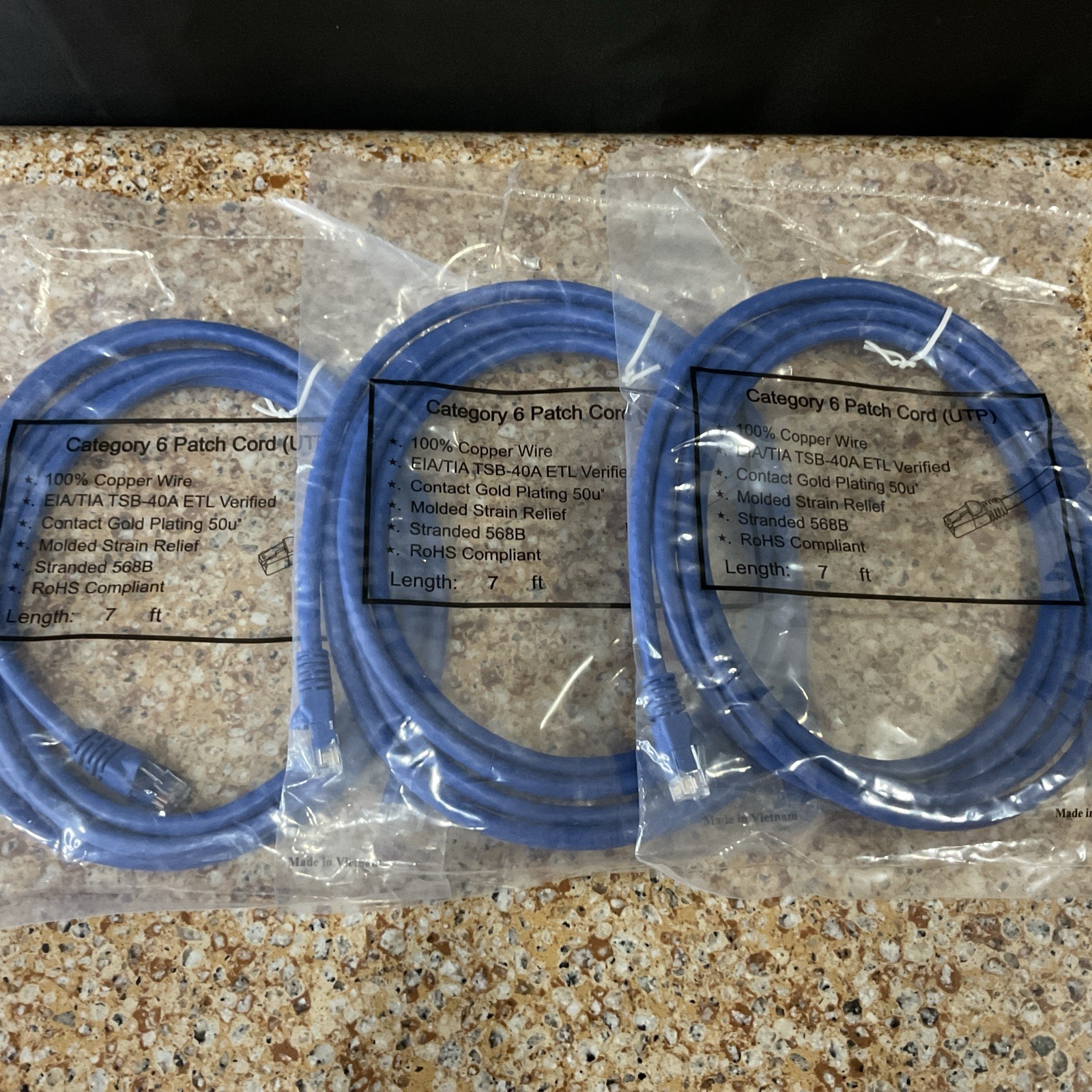 7ft Cat6 Patch Cord Booted UTP Stranded 568B 24AWG Blue/Lot Of 3