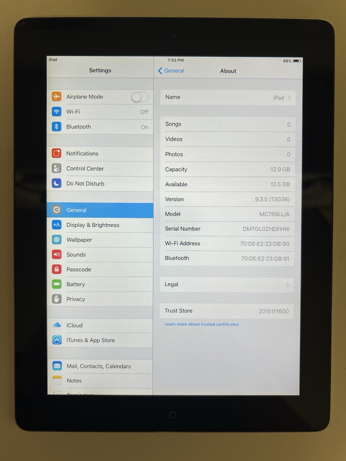 Apple iPad 2 (A1395) 16GB Wi-Fi 9.7” Black iOS 9.3.5 MC769LL/A Great Condition!