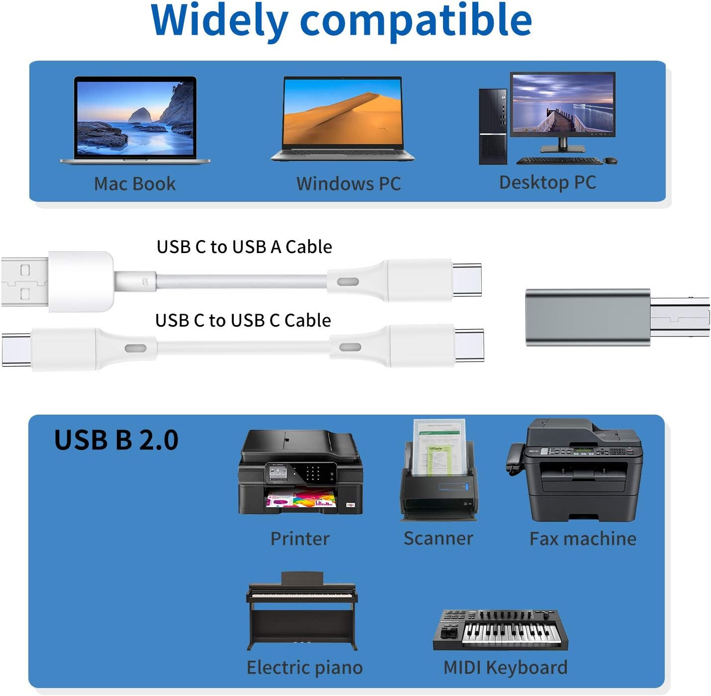 USB C Female to Printer Male Adapter (2-Pack), USB Type C to USB B Convert