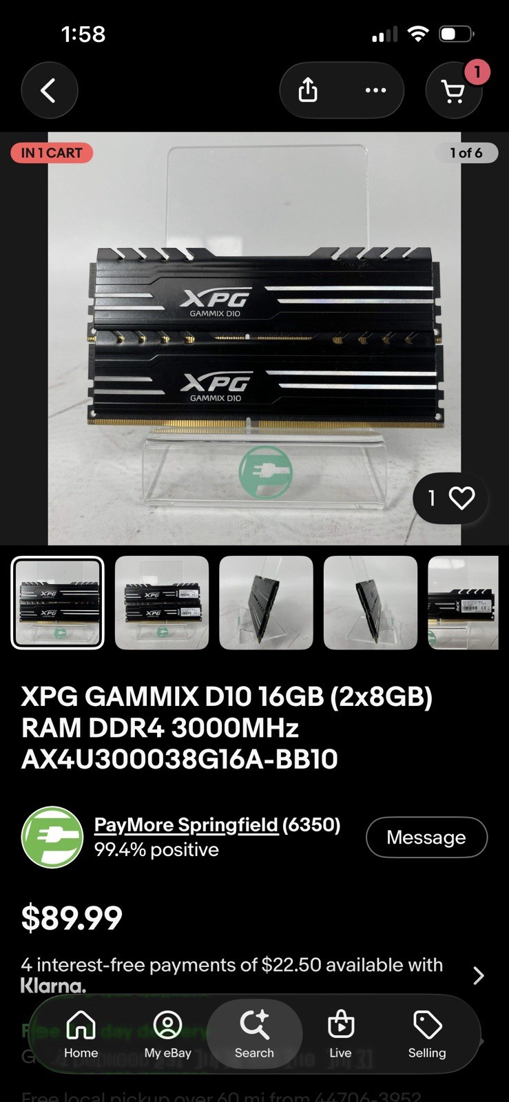 XPG GAMMIX D10 16GB (2x8GB) DDR4-3000 PC4-24000 288-Pin DIMM