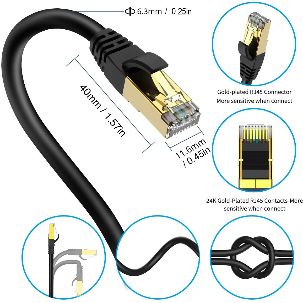 Cat 8 Twisted Pairs Ethernet Cable 6ft, Outdoor Heavy Duty Internet Network Lot